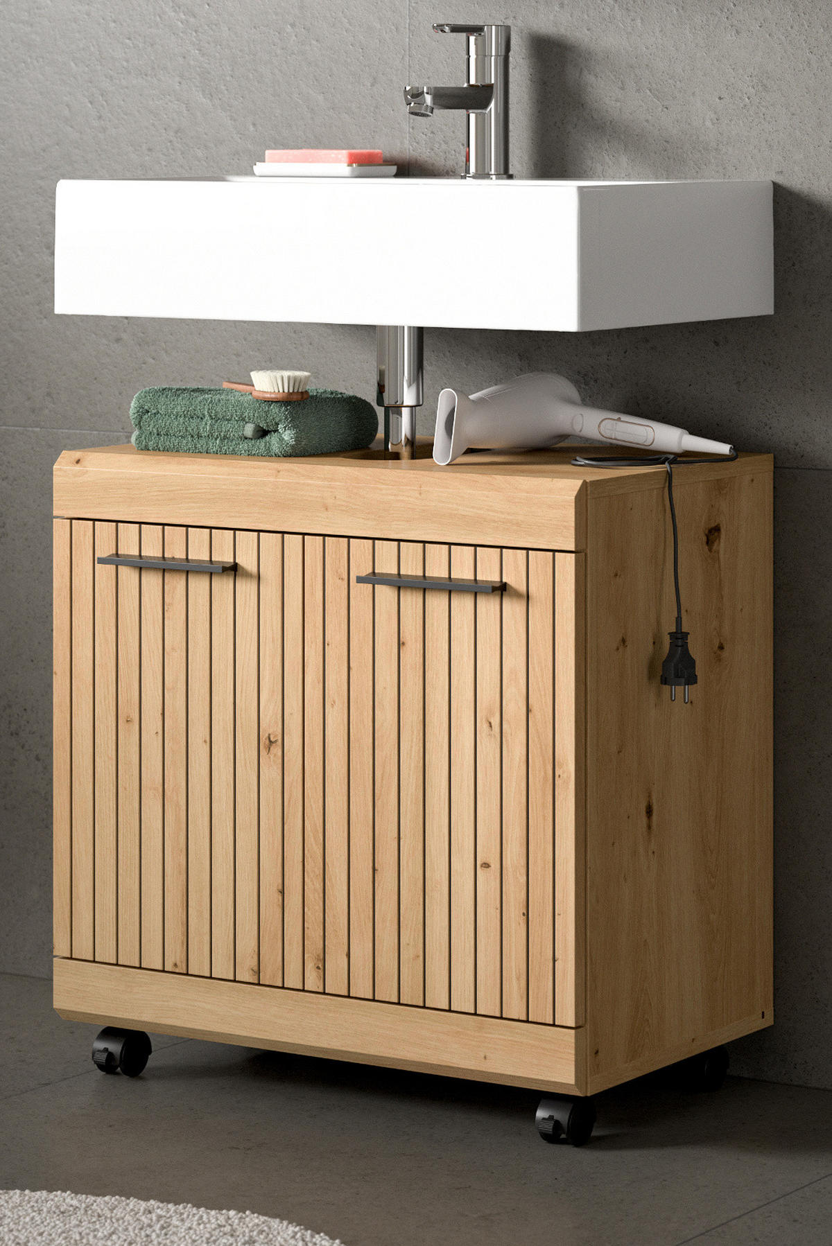 WASCHBECKENUNTERSCHRANK Eiche Artisan 60 cm, Badezimmer Unterschrank auf Rollen - Schwarz/Eiche Artisan, Holzwerkstoff/Kunststoff (60/60/34cm) - Inn.Furn