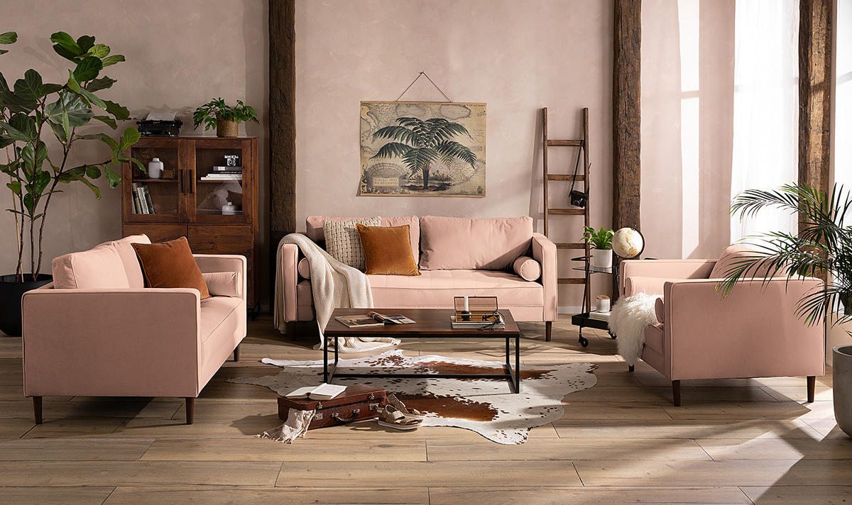 SESSEL - Samt - Dunkelbraun/Rosa, Birkenholz/Textil (90/80/86cm) - home24