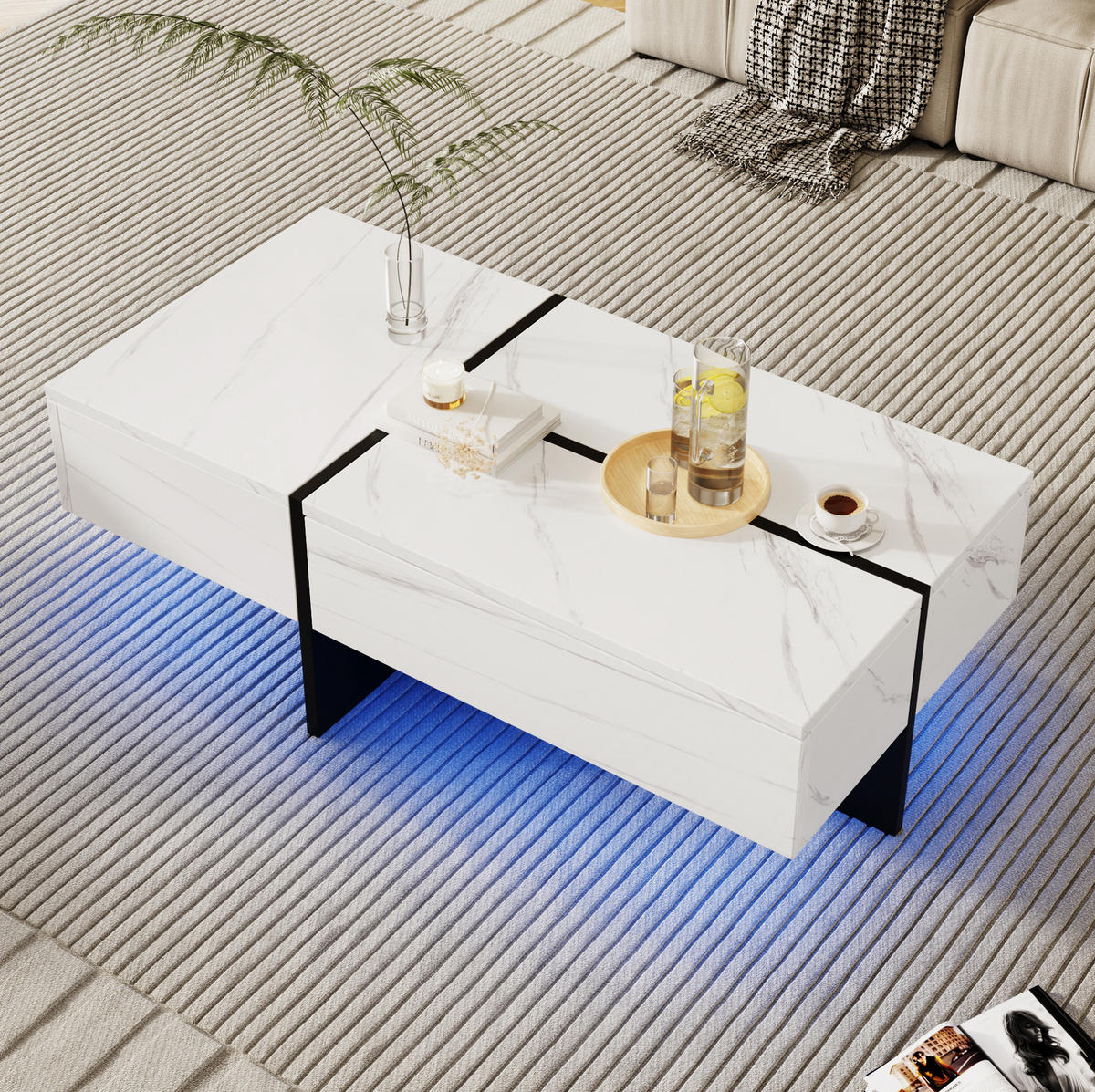 COUCHTISCH 100/50/34,5 cm in Weiß Hochglanz mit 3 Schubladen und LED-Beleuchtung - Weiß, Holzwerkstoff (100/50/34.5cm) - Flora Grace