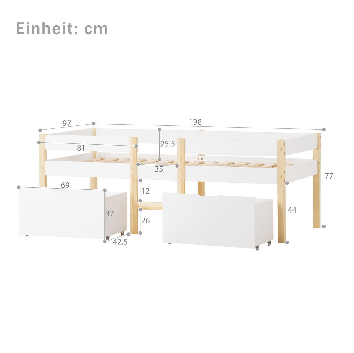 KINDERBETT 90/190 cm aus massiver Kiefer mit Rausfallschutz und 2 Schubladen - Weiß, Holz (90/190cm) - BEAOK