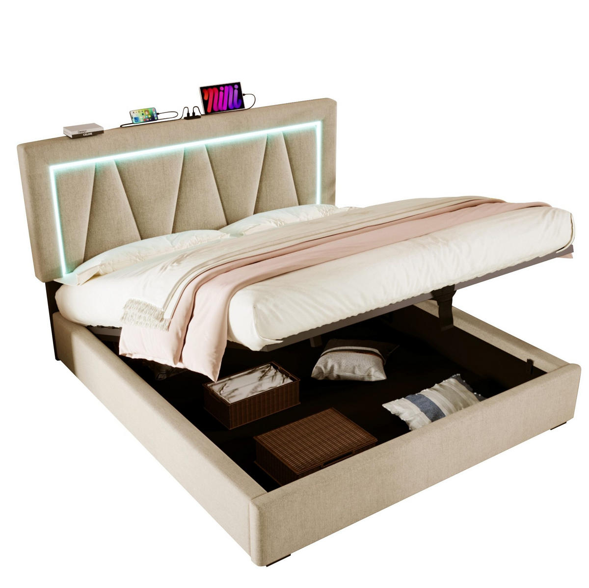 POLSTERBETT mit Stauraum, USB und LED 140x200 cm Leinen Beige - Beige, Metall (140/200cm) - Meubliv