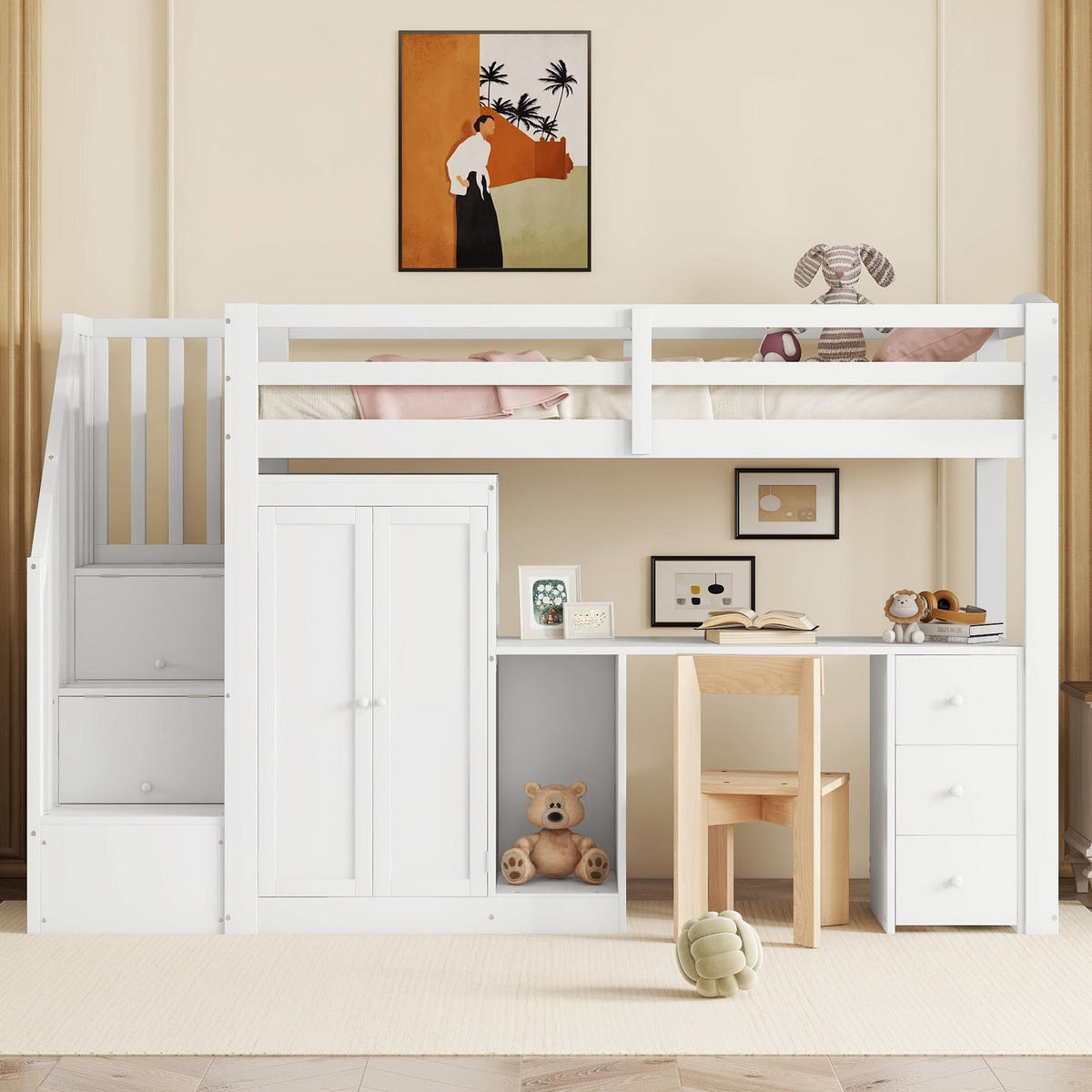 HOCHBETT 90x200cm Weiß Kleiderschrank Treppe Schreibtisch Schubladen - Weiß, Holz (90/200cm) - FLIEKS