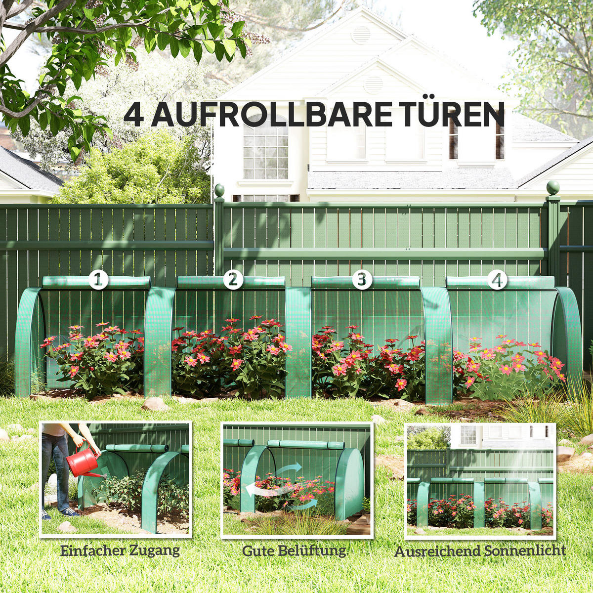 GEWÄCHSHAUS mit PE-Gitterfolie Aufrollbar Seitenwände Winterfest - Dunkelgrün, Kunststoff (100/80/395cm) - Outsunny
