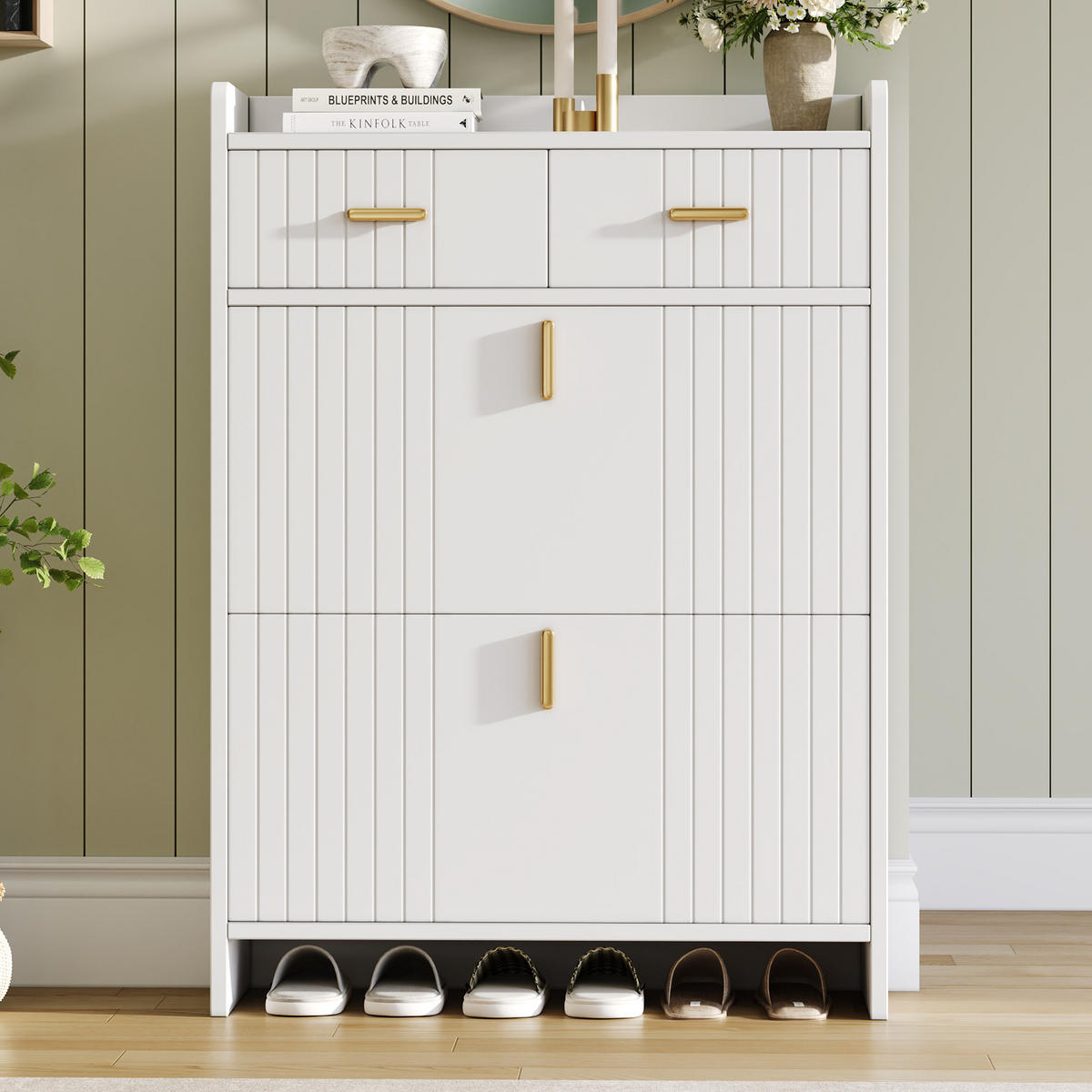 SCHUHSCHRANK 75x24x108.5cm Weiß mit 2 Schubladen - Weiß, Holzwerkstoff (75/108.5/24cm) - FLIEKS