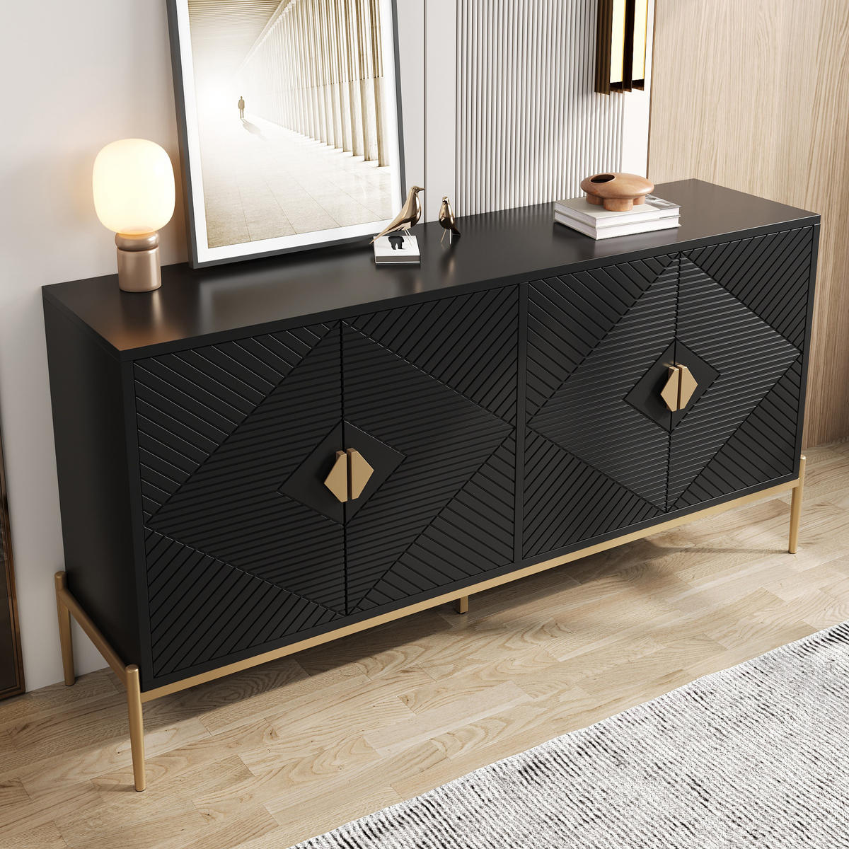 KUCHYŇSKÁ SKŘÍŇ černá a zlatá, 4 dvířka, kovové úchytky, do obýváku, předsíně a jídelny, 162×40×80 cm - černá/zlatá, kov/kompozitní dřevo (162/80/40cm) - STILVORA