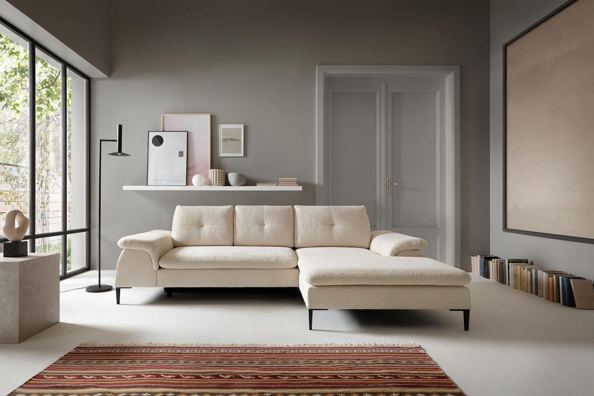 ECKSOFA BREZZA Beige Plüsch-Stoff mit Schlaffunktion - Beige, Holz (268/172cm) - MASSENO