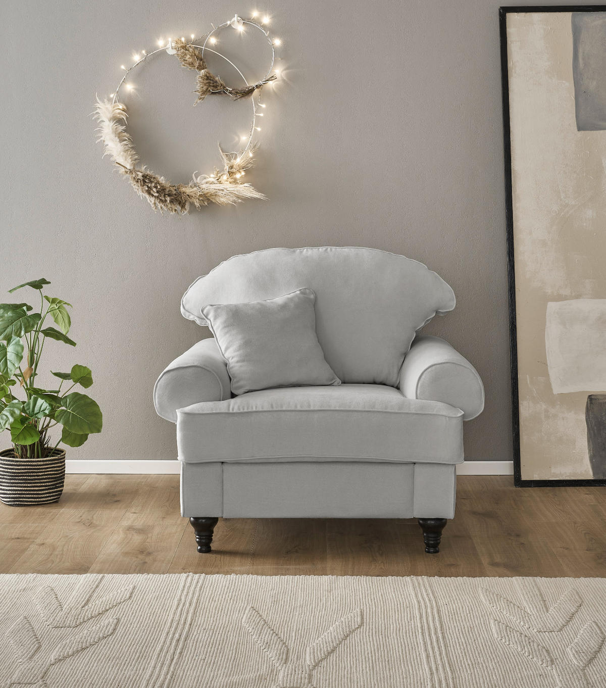 SESSEL hellgrau Landhaus, Loungesessel 110 cm - Hellgrau/Braun, Holz/Textil (110/95/100cm) - Furn.Design