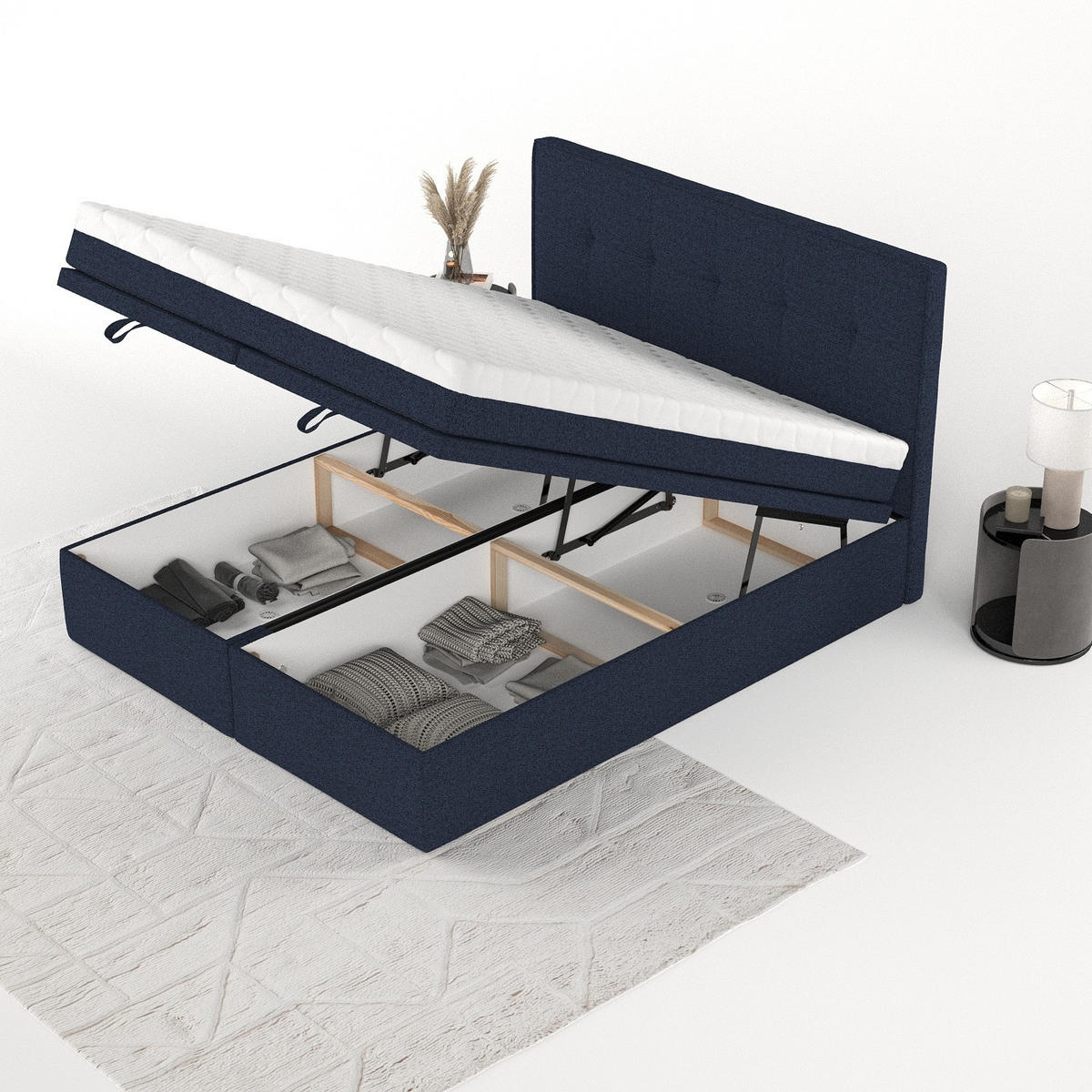 BOXBETT Arivo 200/200 cm Marineblau im Riva Stoff - Schwarz/Dunkelblau, Holz/Holzwerkstoff (200/200cm) - AltaBeds