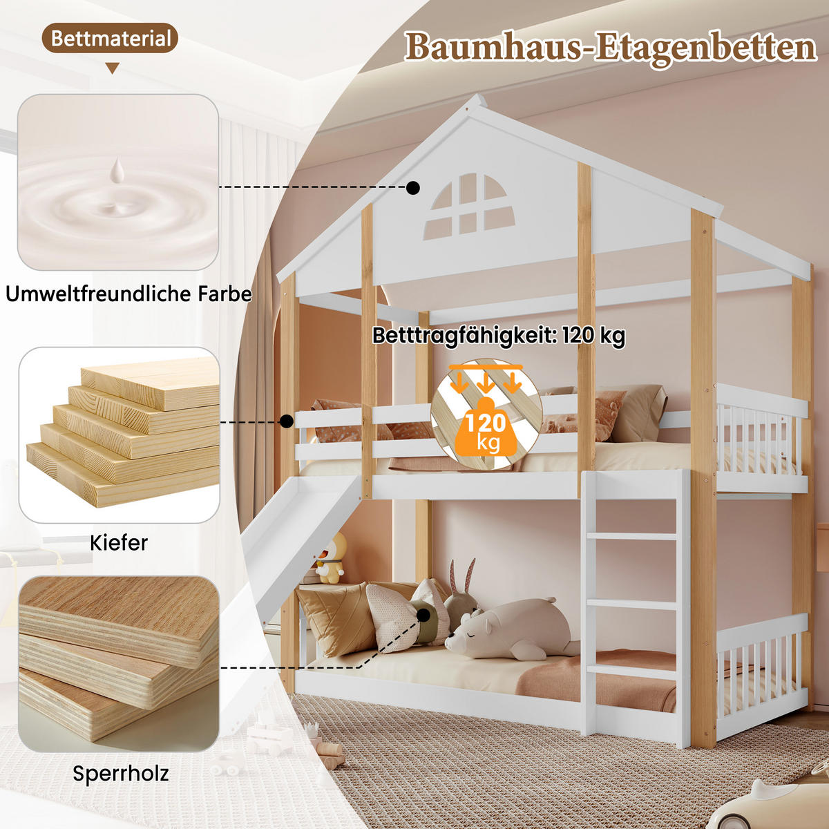 ETAGENBETT 90/200 cm weiß und natur aus Massivholz mit Rutsche und Winkeltreppe - Weiß, Holz (90/200cm) - OKWISH