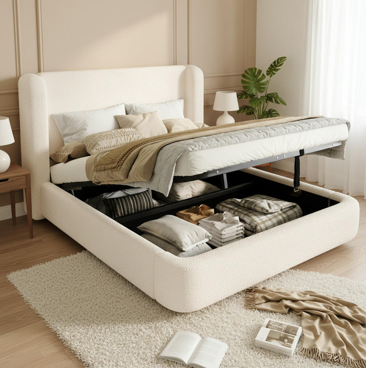BETT mit Stauraum und Lattenrost Bouclé Beige - Beige, Metall (160/200cm) - Meubliv