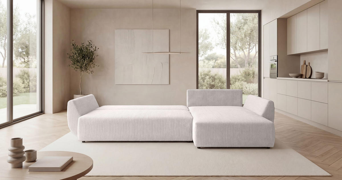 ECKSOFA SYDNEY rechts weiß Cord Poso 100 - Schlaffunktion, Bettkasten - Weiß, Textil (174/280cm) - Cornero