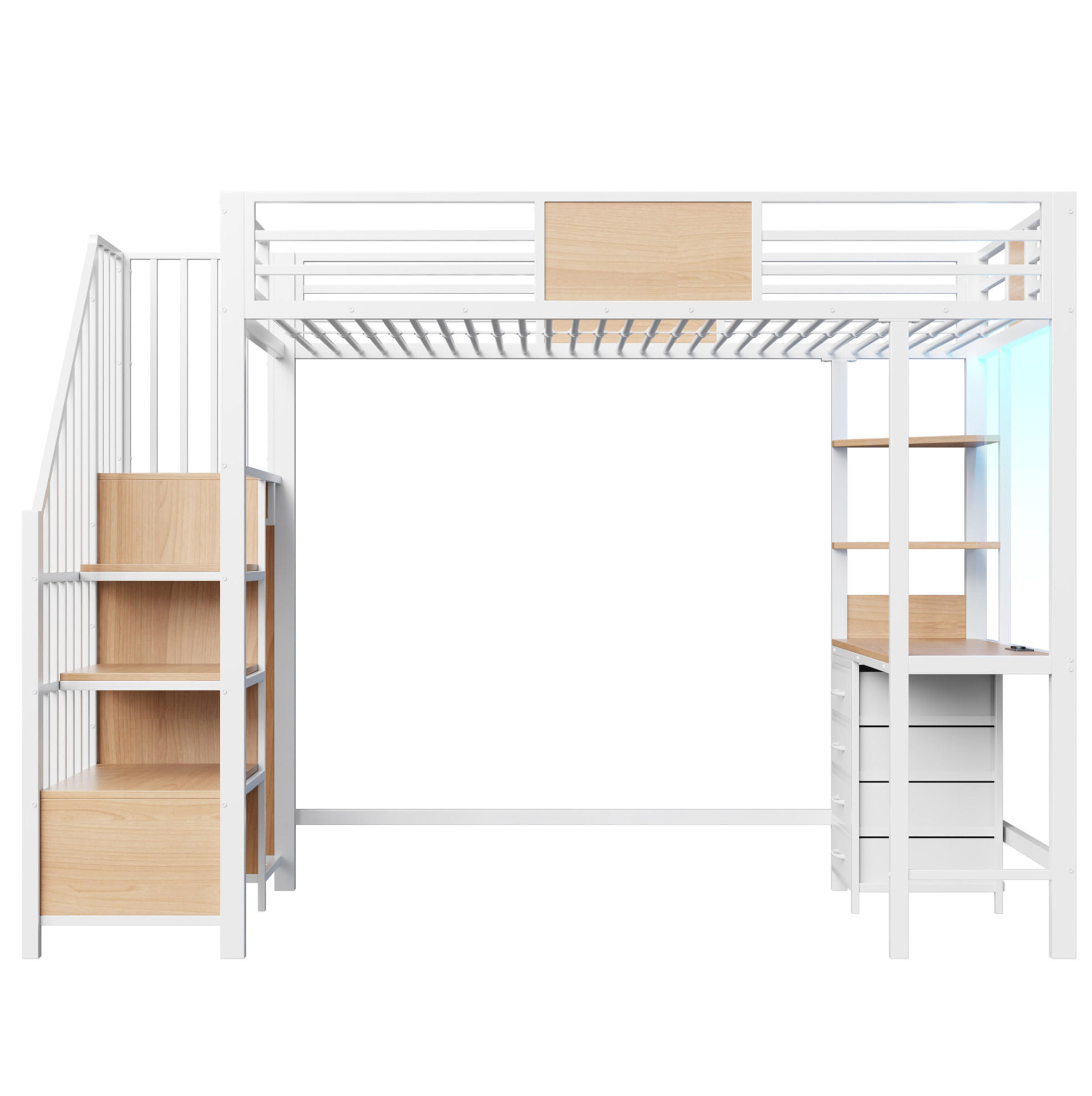 HOCHBETT 90/200 cm aus Metall und MDF mit Schreibtisch, Ablagen, Kleiderstange, LED und Steckdose Weiß - Weiß, Metall (90/200cm) - Modenvie