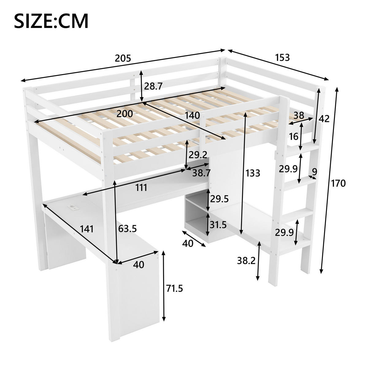HOCHBETT 140/200 cm, Weiß mit Schreibtisch, LED, USB und Stauraum - Weiß, Holz (140/200cm) - MIVRAY