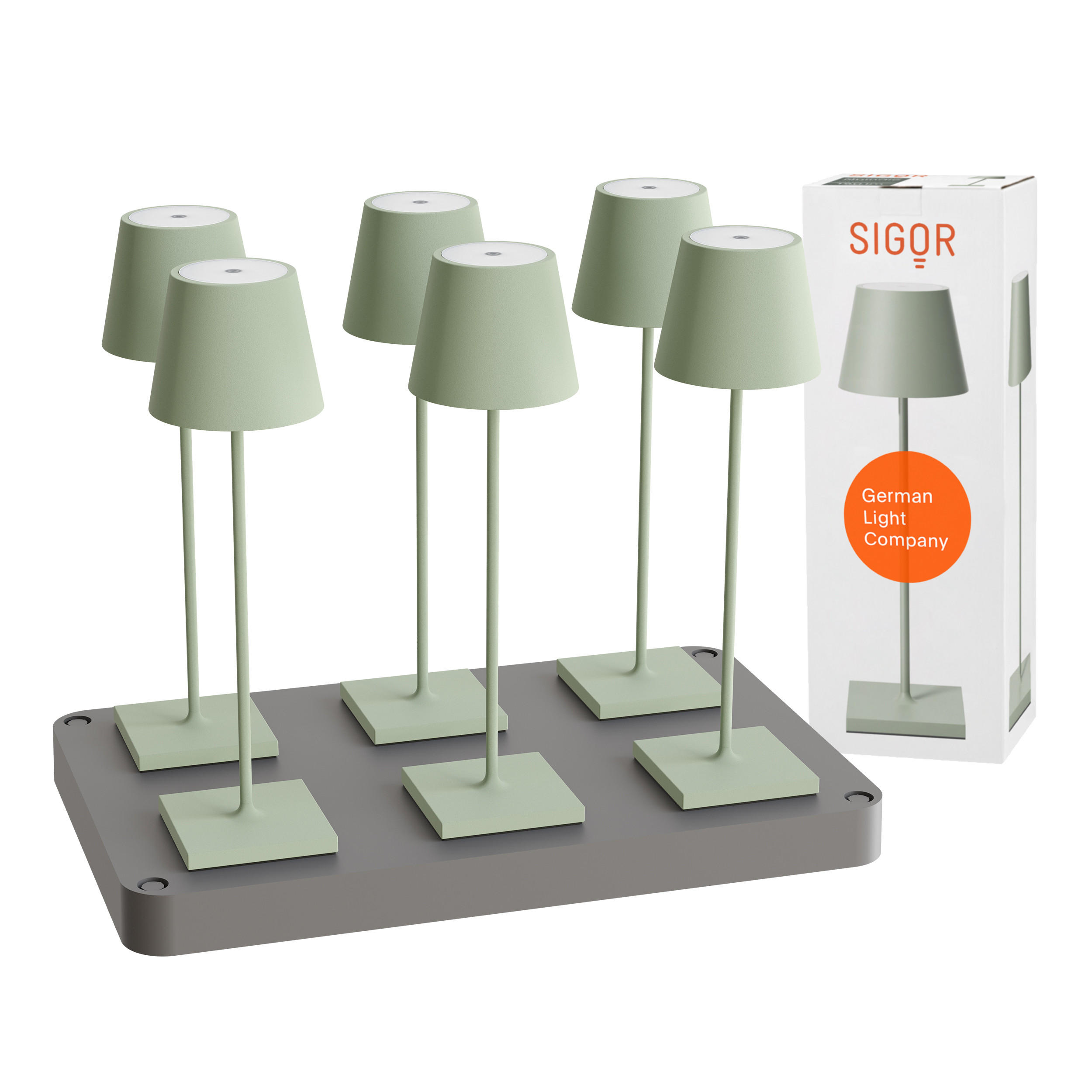 LED Akku-Tischlampe, Nuindie 3.0 6er-Set mit Ladestation, salbeigrün - Grün, Metall (38/10/38cm) - Sigor