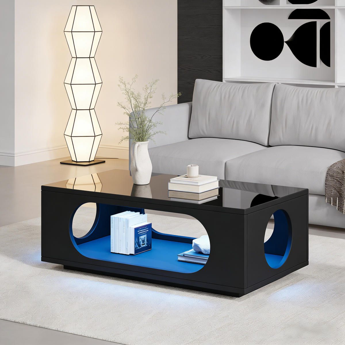 COUCHTISCH LED App-Steuerung Schwarz 100x50x35cm MDF 30kg Stauraum - Schwarz, Holzwerkstoff (100/50/35cm) - FLIEKS