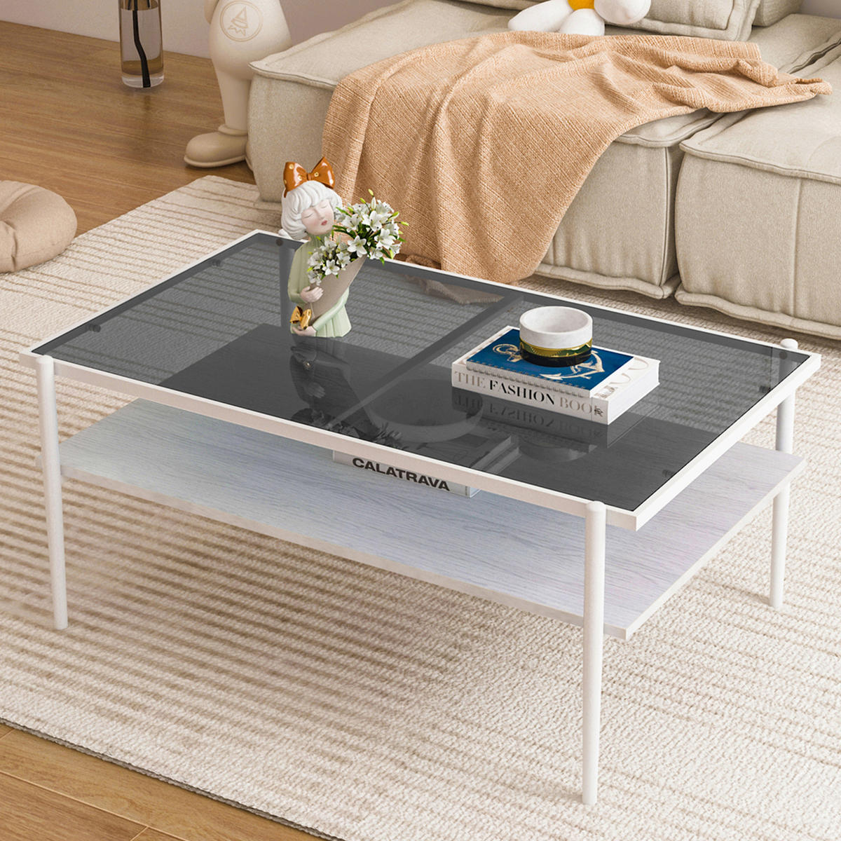 COUCHTISCH 97.5/61.5 cm grau weiß aus MDF und Glas mit Stauraum - Weiß, Glas (97.5/61.5/45cm) - OKMYHOME
