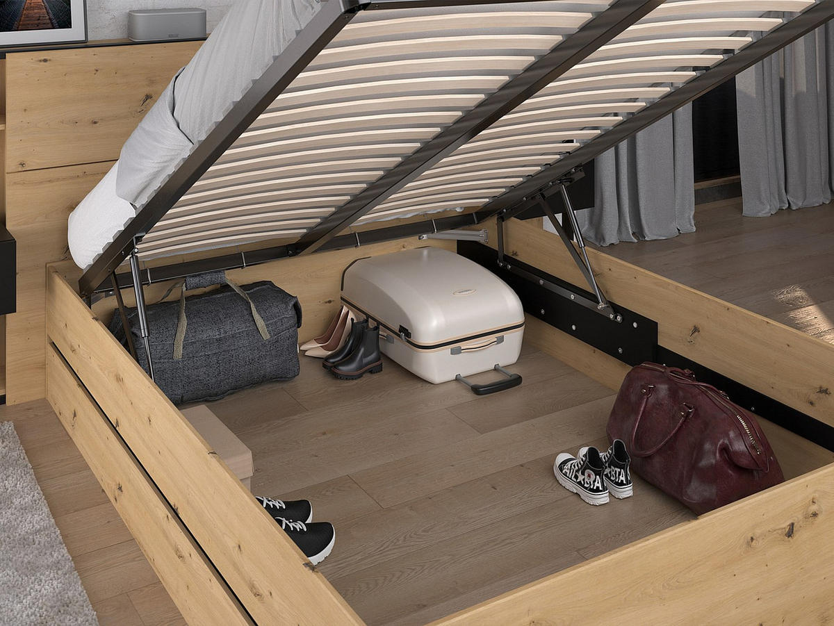 BETT mit Bettkasten - 2 Personen - Holz, Platte - Schwarz, Naturfarben Hell - Schwarz/Naturfarben, Holz (140/190cm) - Vente-Unique