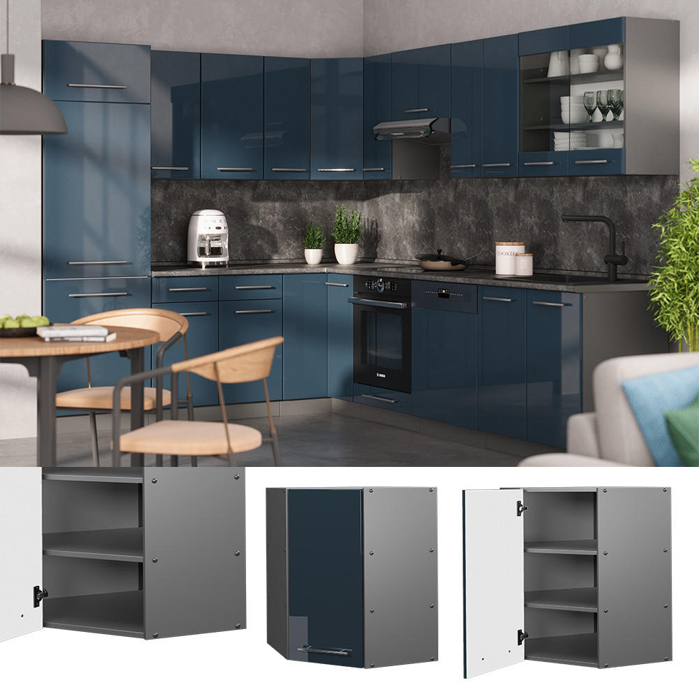 Thumbnail - Vicco Eckhängeschrank, Dunkelblau, Anthrazit, Holzwerkstoff, 3 Fächer, Formgebogen, 57x72x34.1 cm, Küchen, Küchenmöbel, ...