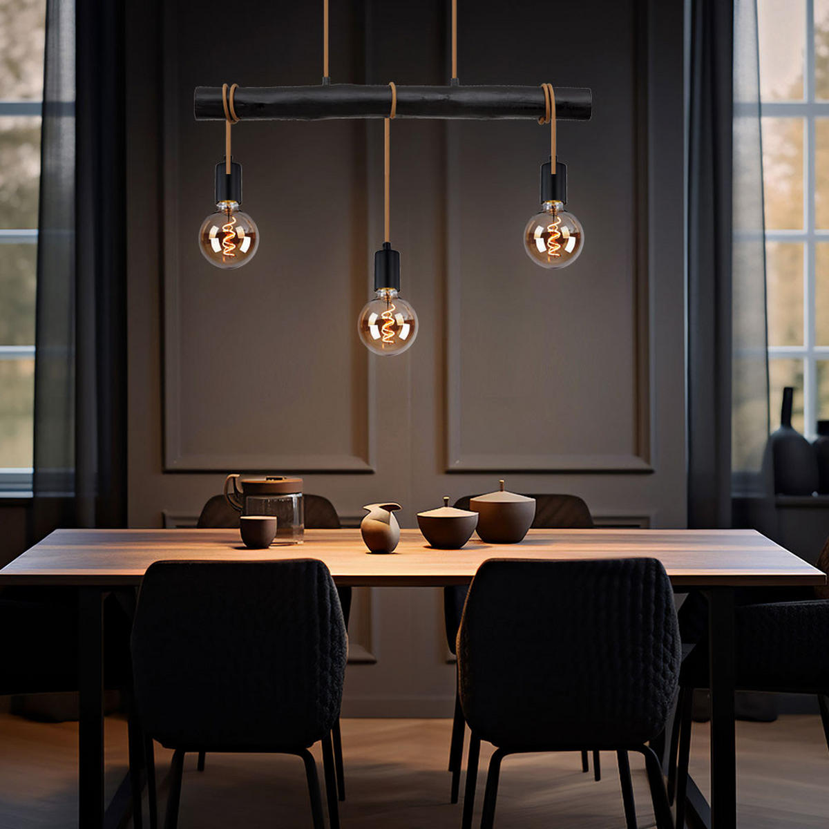 HÄNGELEUCHTE Holz Schwarz 3-flammig höhenverstellbar - Schwarz, Holz/Metall (60/5/120cm) - Globo Lighting
