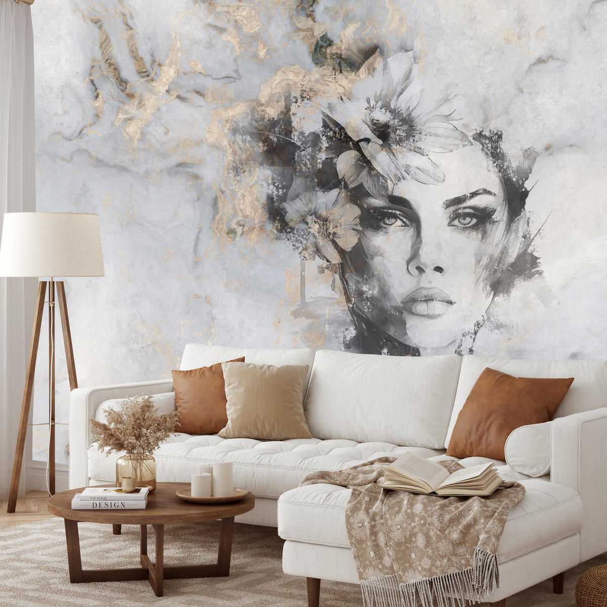 FOTOTAPETE für Wohnzimmer Frau Porträt Beton Blumen Modern 200x140 - Beige/Schwarz, Papier (200/140cm) - Muralo