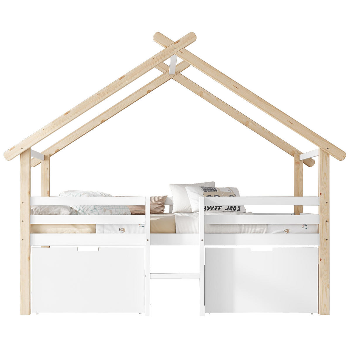 HAUSBETT 90/200 cm mit Dach und Stauraum in Weiß und Natur aus Kiefer + MDF - Weiß, Holzwerkstoff (90/200cm) - OKWISH
