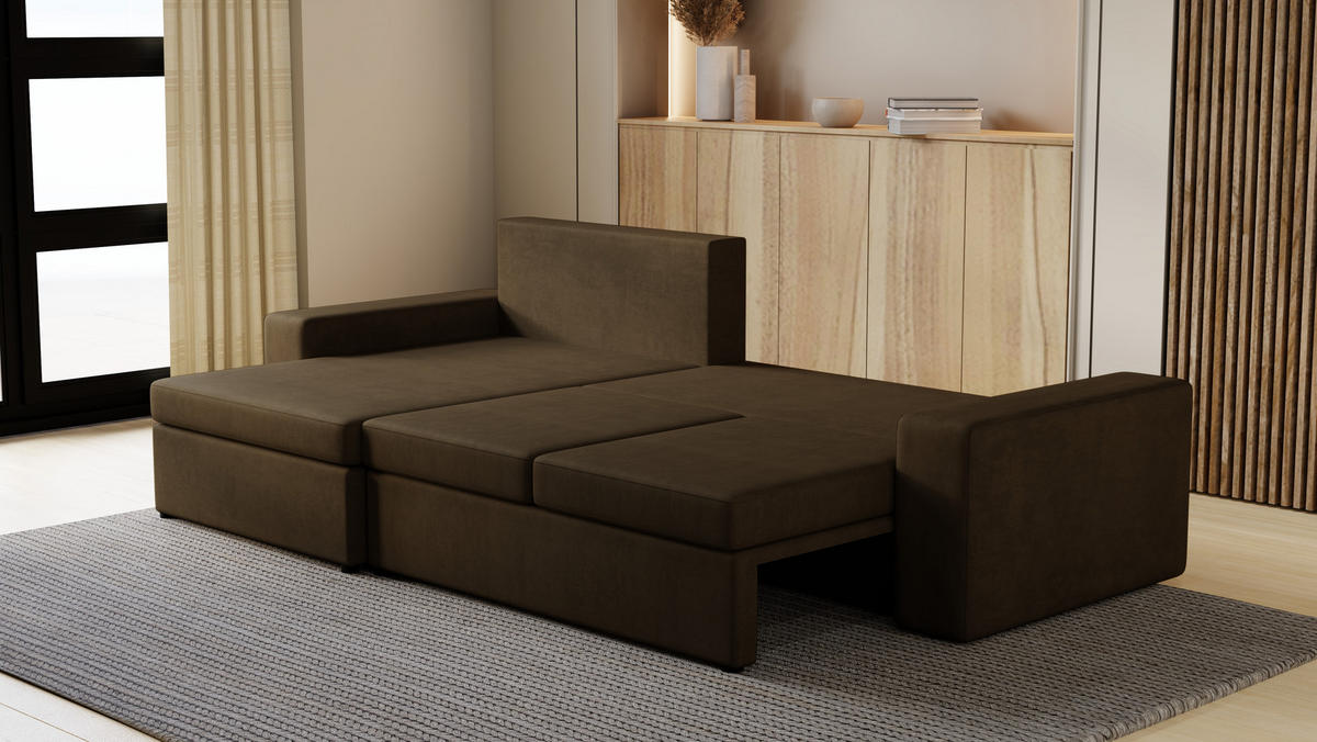 ECKSOFA Paco mit Bettkasten und Schlaffunktion, L-Form/XL-Form, Velourstoff, Universal - Braun, Holzwerkstoff (276/145cm) - 4ALL HOME