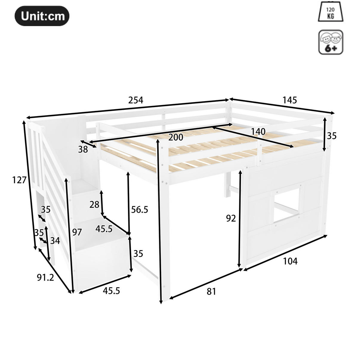 HOCHBETT 140/200 cm in Weiß mit Stauraumtreppe, Fenster und LED-Beleuchtung - Weiß, Holzwerkstoff (140/200cm) - Flora Grace