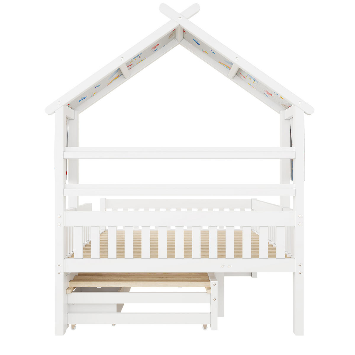 HAUSBETT 140/200 cm DE-03356, mit Ausziehbett, 3 Schubladen und Sicherheitsgittern, in Weiß - Weiß, Holz/Holzwerkstoff (140/200cm) - ComfortXL
