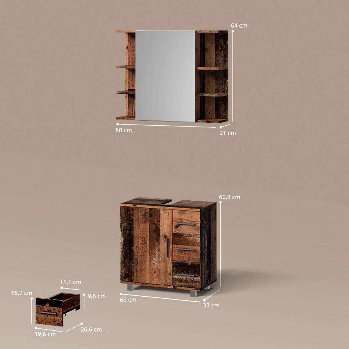 BADMÖBEL-SET Eisak Eiche rustikal 2 Teile - Wildeiche, Holzwerkstoff (60/60/33cm) - Livinity®