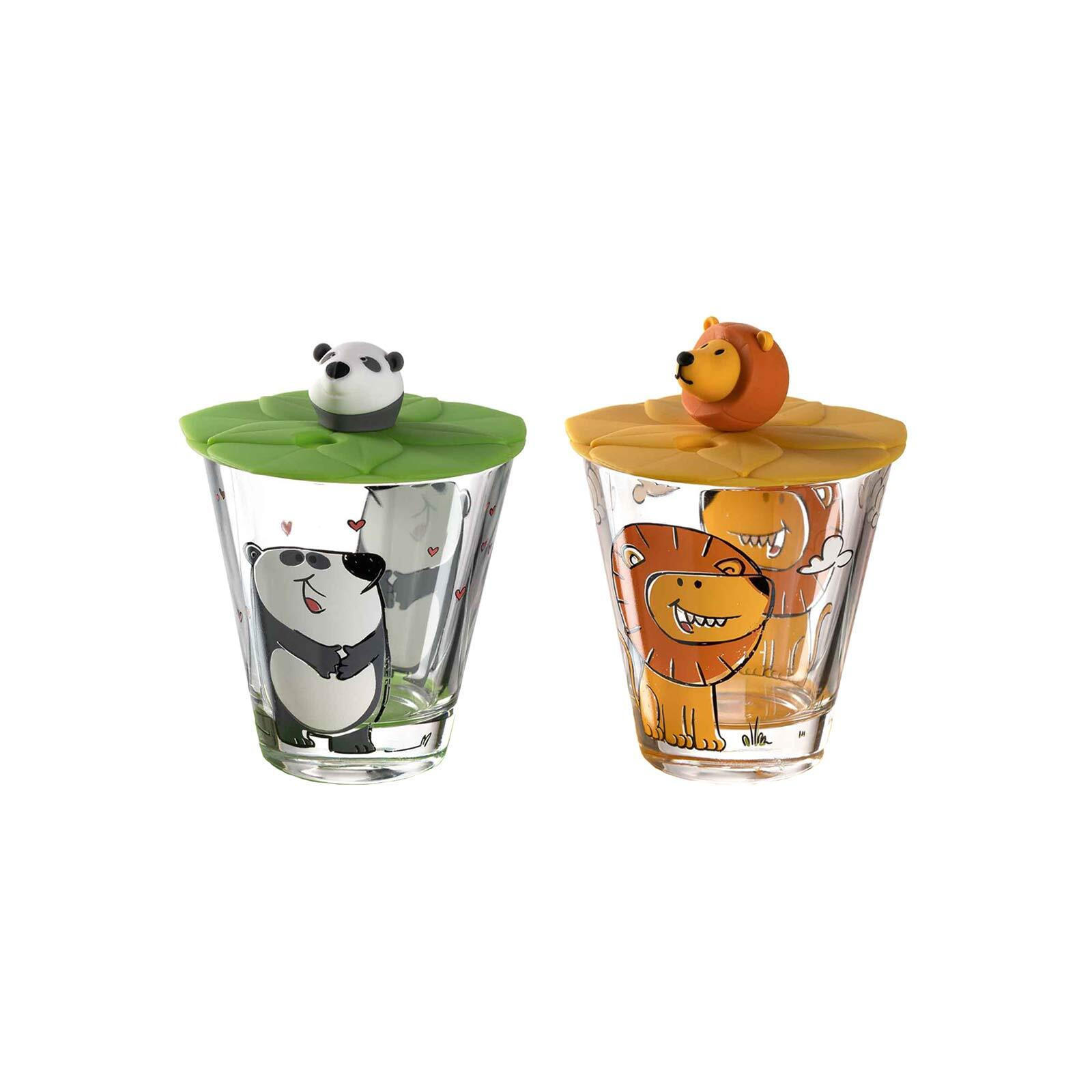KINDERBECHER MIT DECKEL Bambini Löwe & Panda 215 ml 2er Set - Gelb/Grau, Kunststoff (0.215L) - Leonardo Living