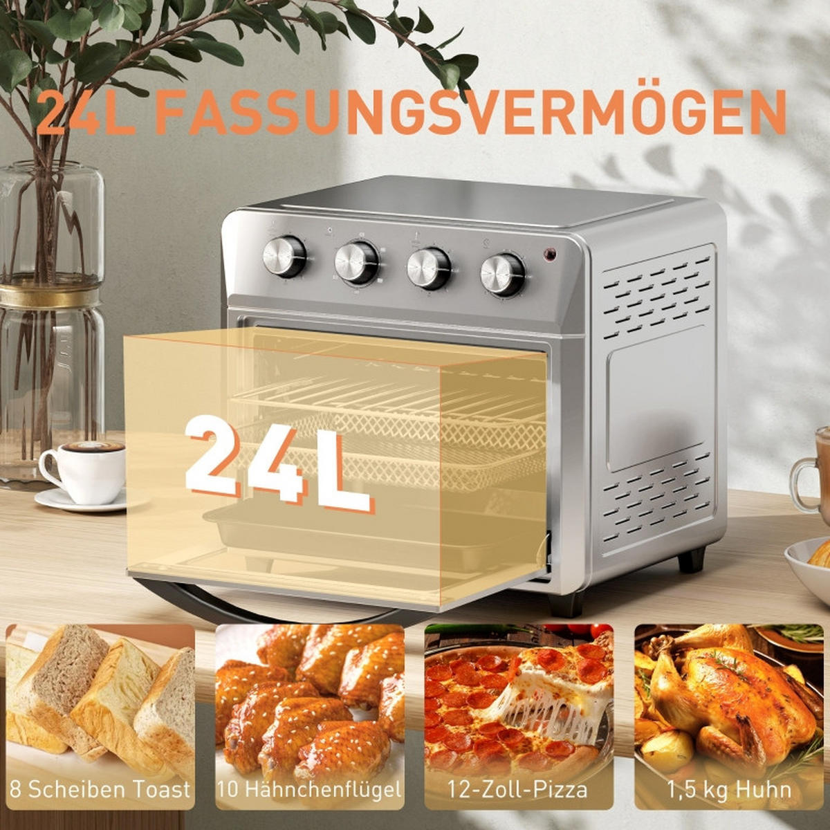 MINIBACKOFEN 24L mit Umluft, 6 Heizmodi Mini Ofen mit Backblech & Grillrost, Heißluftfritteuse Funktion, Silber - Silberfarben, Metall (40.6/36.8/39cm) - Beaface