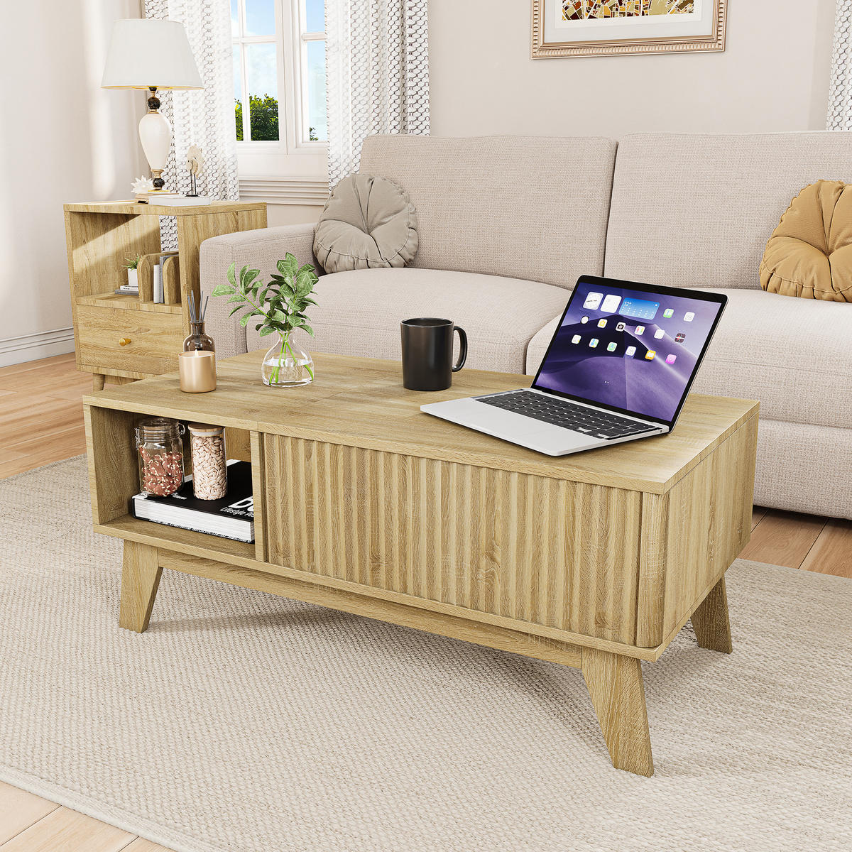 COUCHTISCH höhenverstellbar, holzoptik, mit stauraum - Eichefarben, Holz (95/48/42cm) - SHOPENTRA