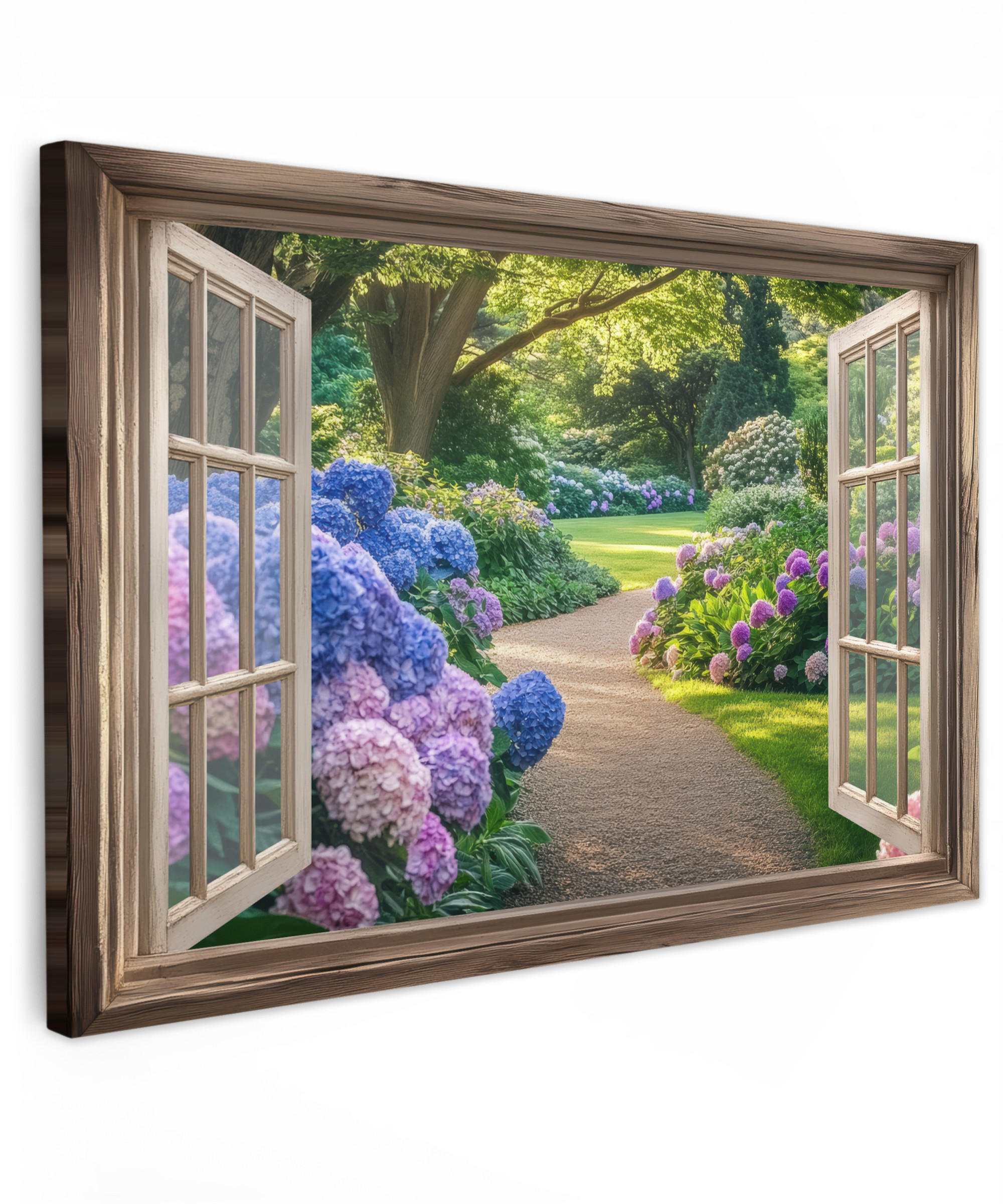 LEINWANDBILD Aussicht - Garten - Fenster - Hortensie - Blumen Groß 140x90 cm - Pastellblau, Textil (140/90cm) - MuchoWow