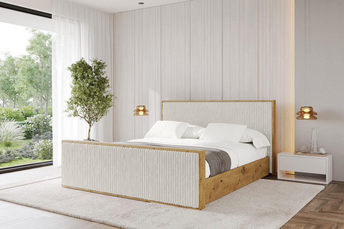 POLSTERBETT mit Bettkasten und Lattenrost, Boxbett mit Stauraum und Kopftei mit Matratze H3/H4 - ENZO10 120x200 Creme - Creme, Holzwerkstoff/Textil (120/200cm) - ALTDECOR