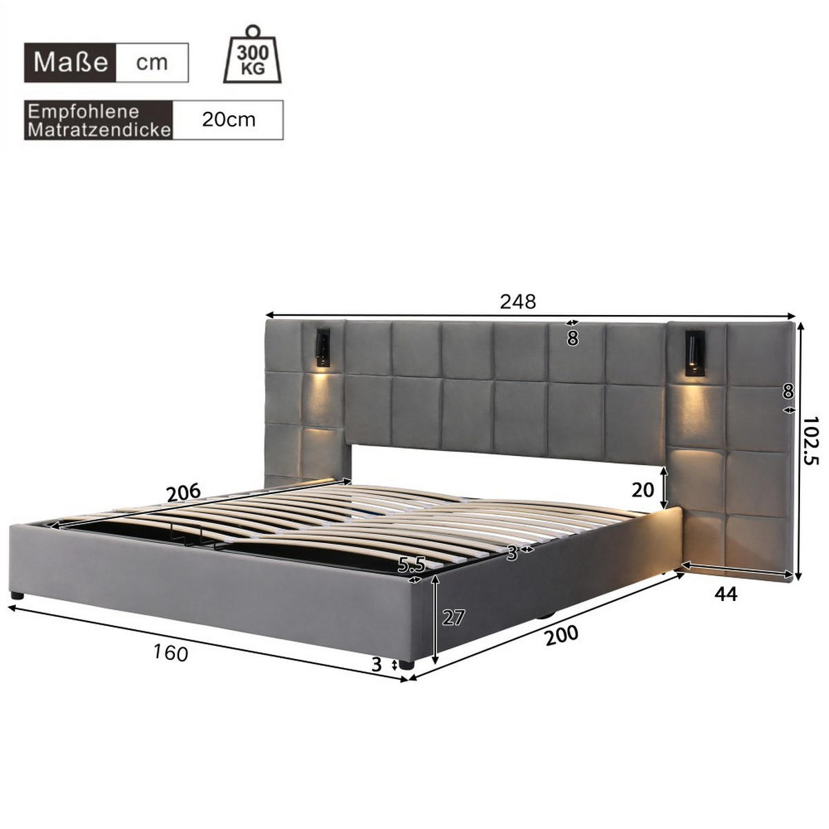 POLSTERBETT 160/200 cm in Grau mit USB-Aufladung - Grau, Holz/Textil (160/200cm) - KOMHTOM