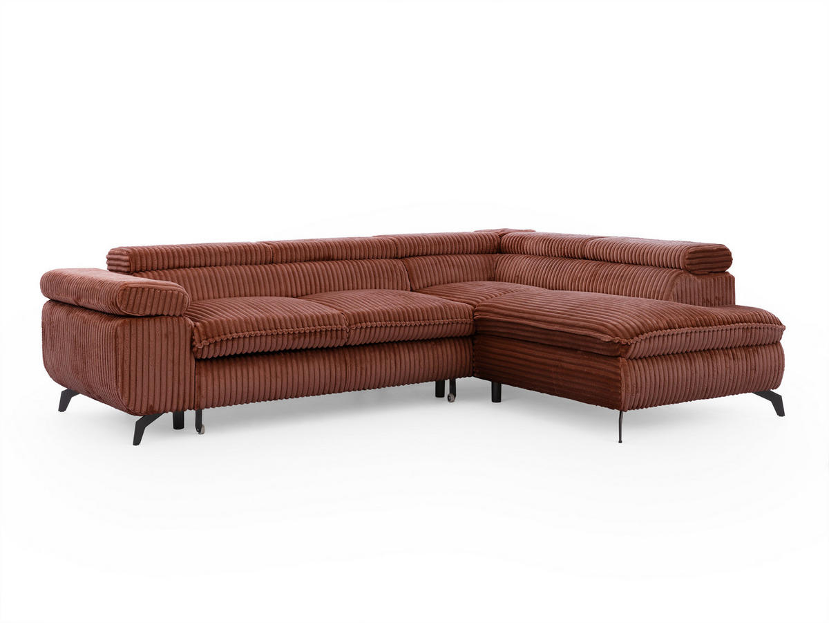 ECKSOFA mit Schlaffunktion und Bettkasten Bonnie aus Terrakotta Cord-Stoff mit verstellbaren Kopfstützen und Armlehne - Ottomane rechts - Terracotta/Schwarz, Holz/Textil (275/210cm) - S-Style Möbel