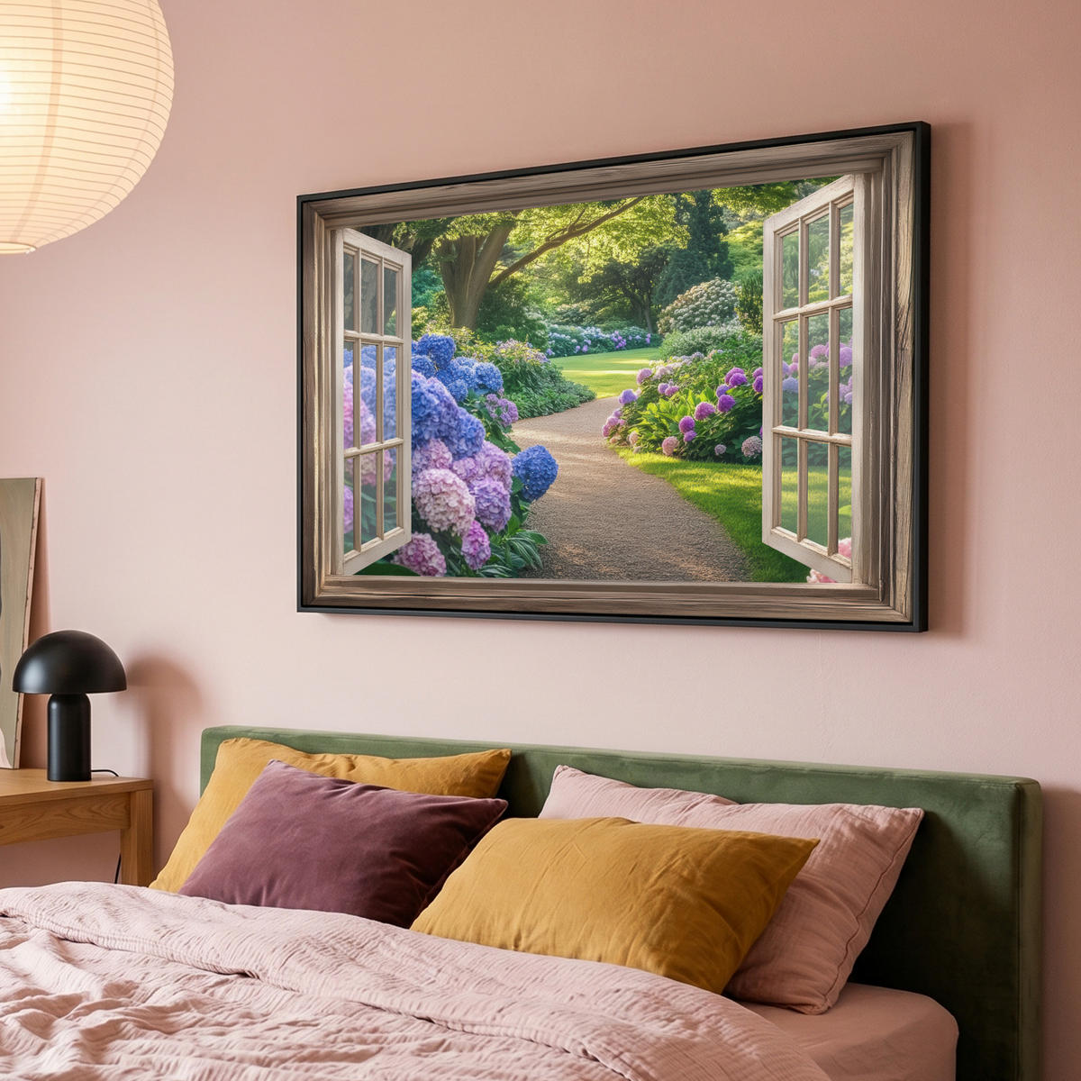 LEINWAND Bilder mit Rahmen - Aussicht - Garten - Fenster - Hortensie - Blumen - 150x100 - Pastellblau, Textil (150/100cm) - MuchoWow