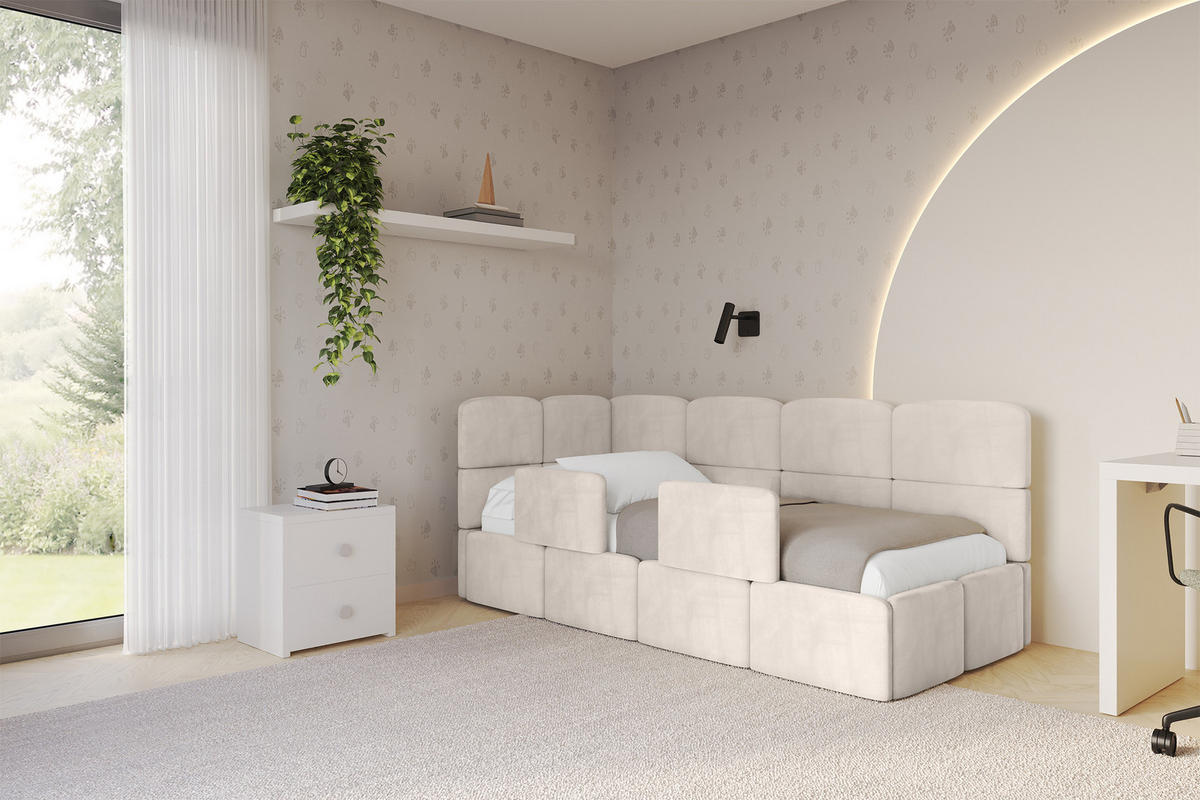 EINZELLBETT Jugendbett mit Bettkasten und Matratze H3/H4, Rechts - KIVY 80x200 Beige - Sandfarben, Holzwerkstoff/Textil (80/200cm) - ALTDECOR