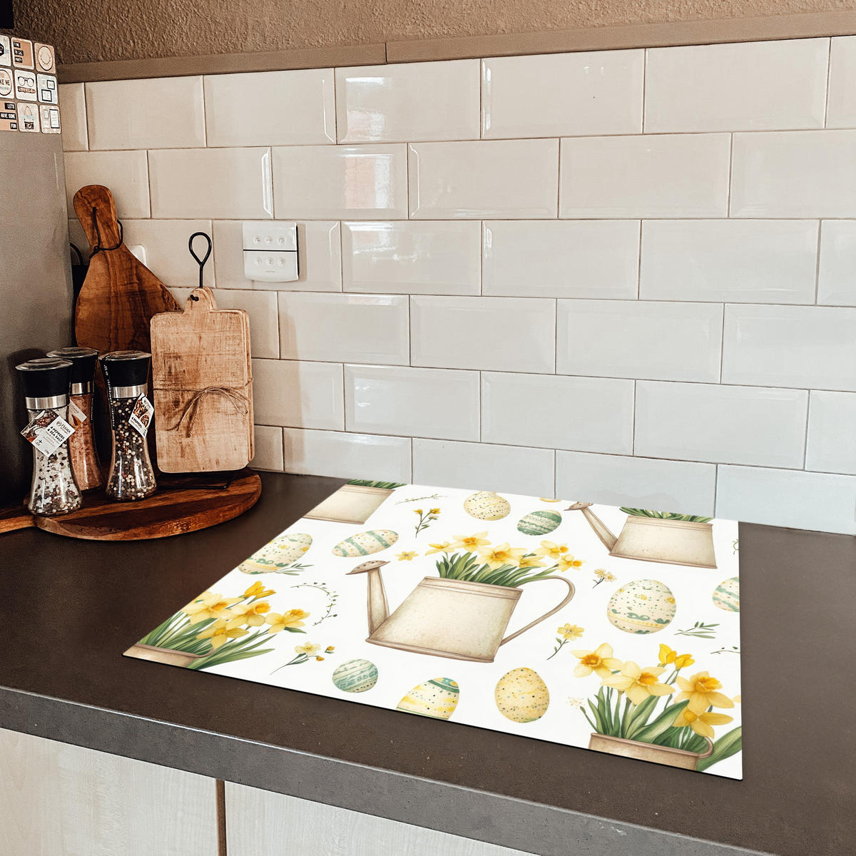 HERDABDECKPLATTE Gießkanne - Blumen - Eier Abdeckung Ceranfeld 58.3x51.3 cm - Weiß, Kunststoff (58.3/51.3/0.2cm) - MuchoWow