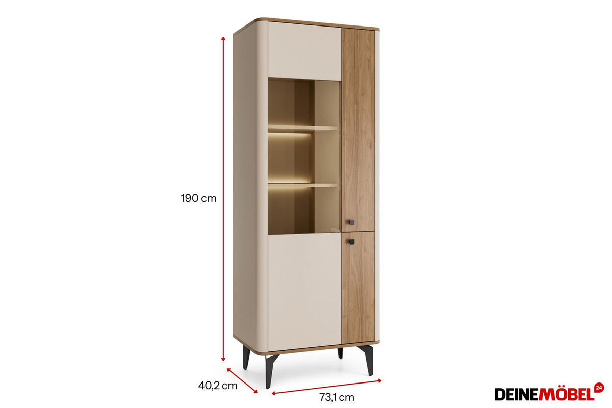 VITRINE AURO 02 73/190/40 cm in Kaschmir / Royal Nussbaum mit LED - Kaschmir/Nussbaumfarben, Holzwerkstoff (73/190/40cm) - Deine Möbel 24