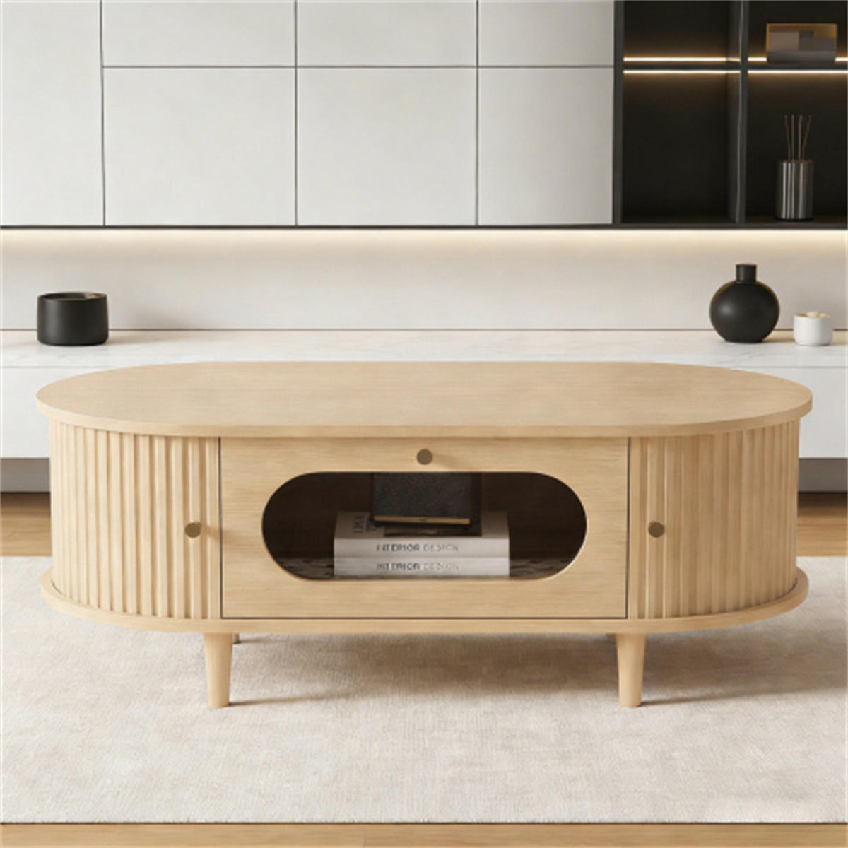 WOHNZIMMER-COUCHTISCH, 100 x 50 x 36 cm, Holzfarbe. Der Couchtisch verfügt über Schubladen und Rollladentüren und steht auf vier Beinen. - Braun, Holzwerkstoff (100/50/36cm) - Blomus