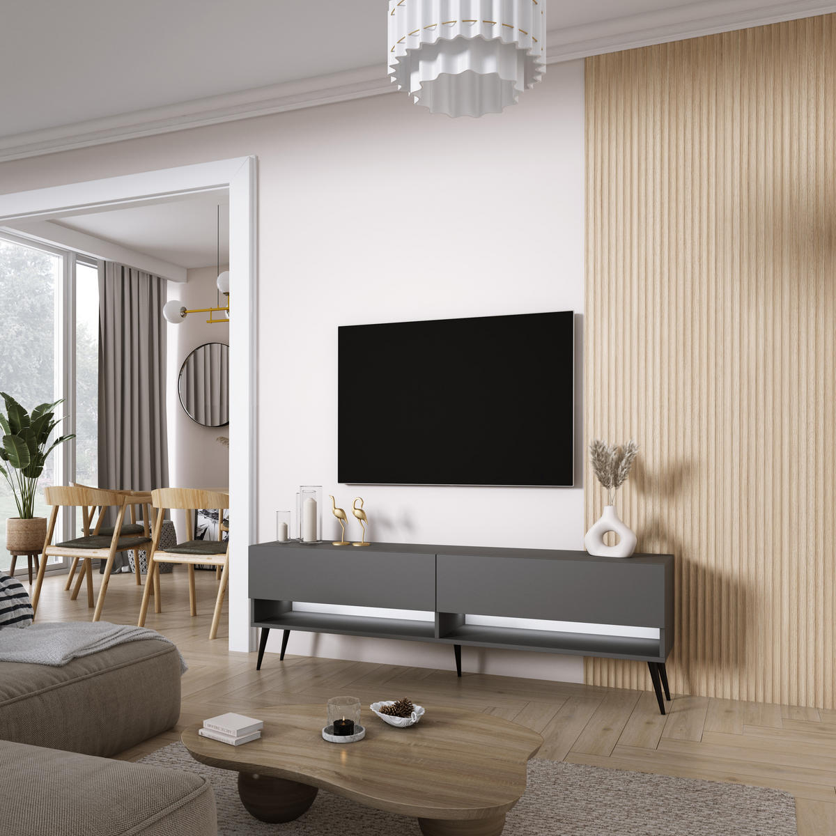TV-LOWBOARD 170 cm Anthrazit, schwarze schräge Beine, weiße LED, 170 × 32 × 52 cm - Grau, Holzwerkstoff (170/52/32cm) - 3XE LIVING