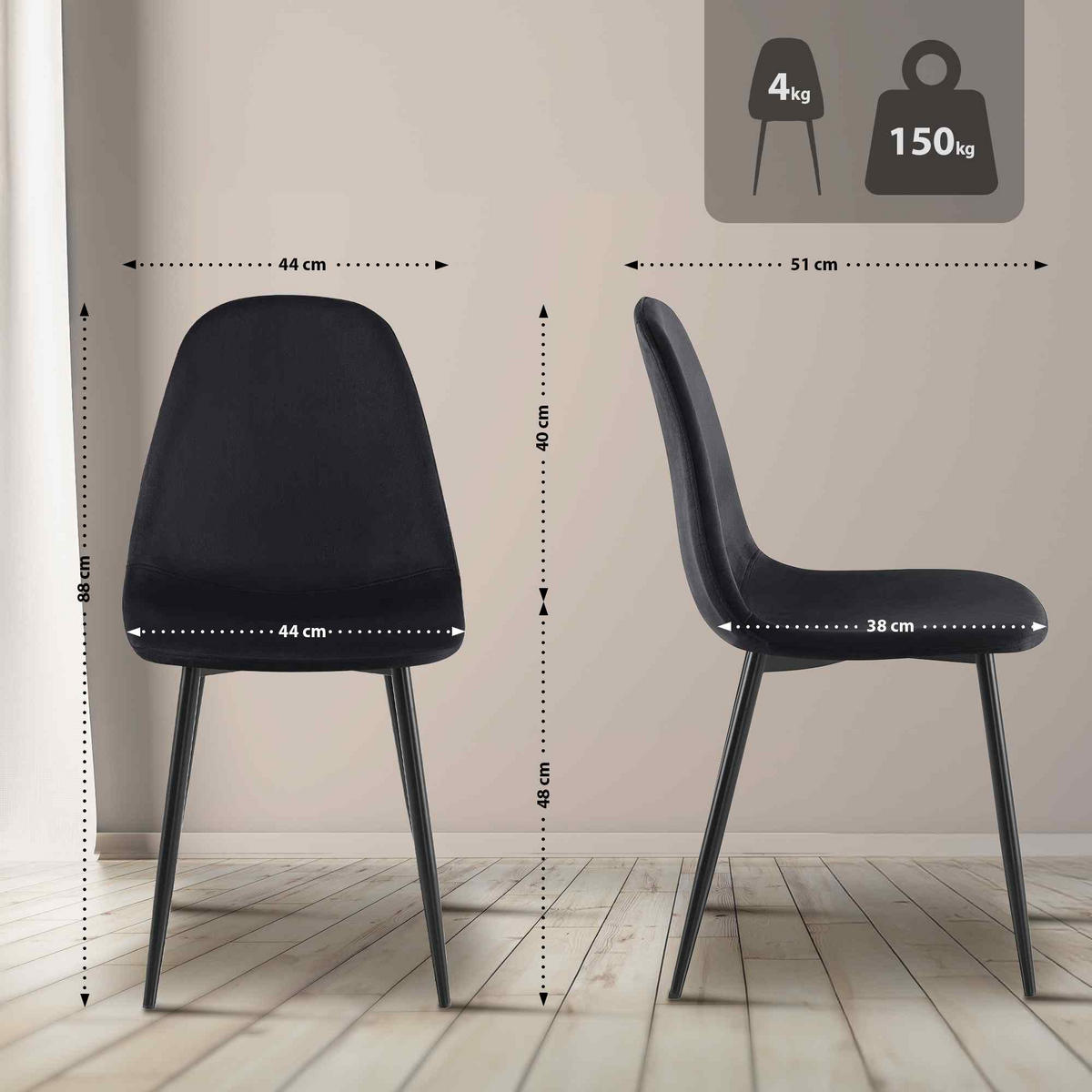 STUHL Samt Schwarz - Schwarz, Textil/Metall (44/88/51cm) - CLP