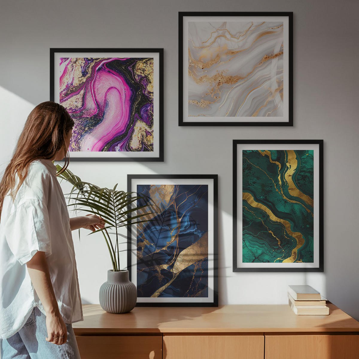 BILDER SET 4er Set - 50x50 cm & 40x60 cm Schwarzer Rahmen - Abstrakter Marmor mit Farben - Schwarz, Kunststoff (50/50cm) - TULUP