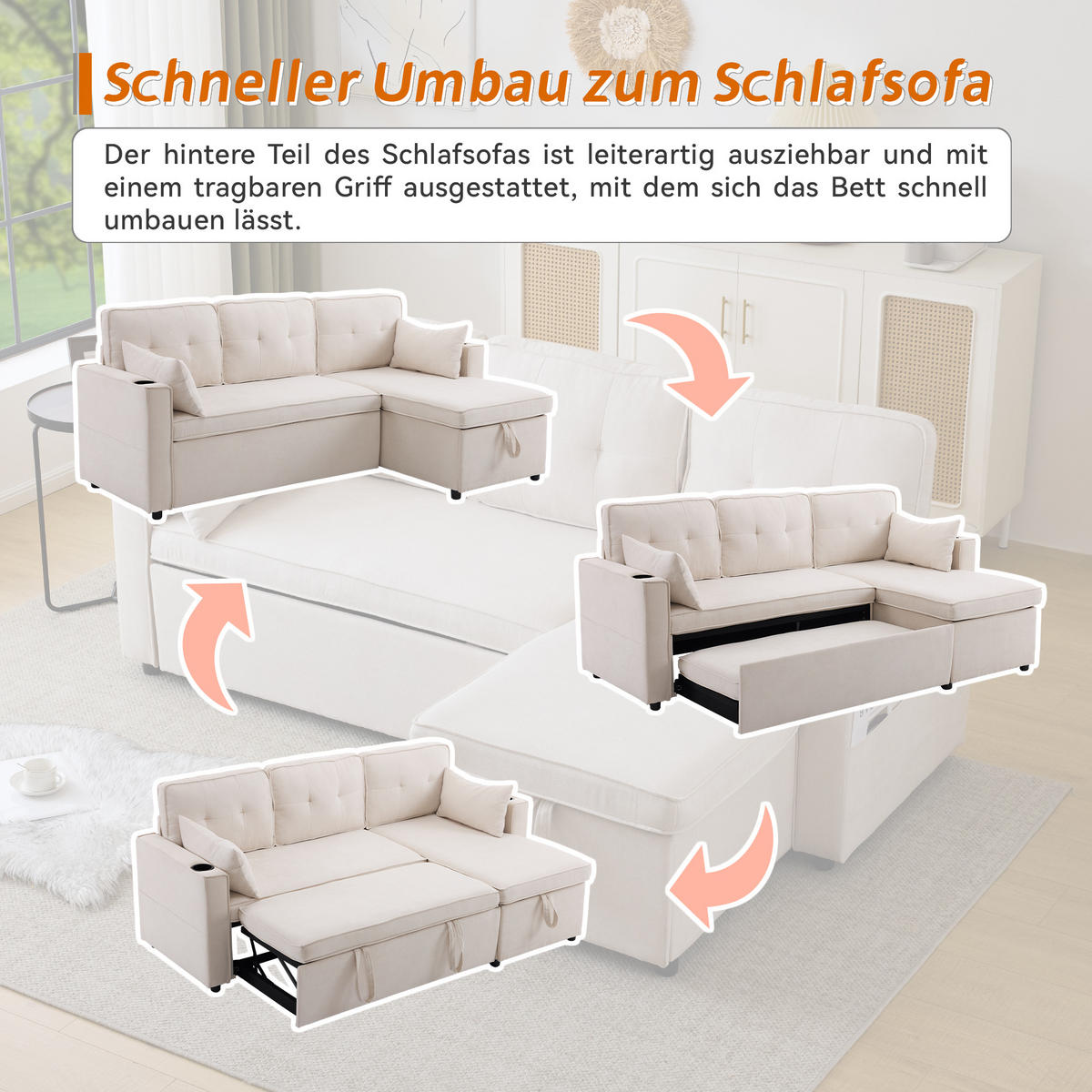 ECKSOFA mit Schlaffunktion, Baumwoll-und Leinenstoffe - Beige, Textil (130/211cm) - Kaket