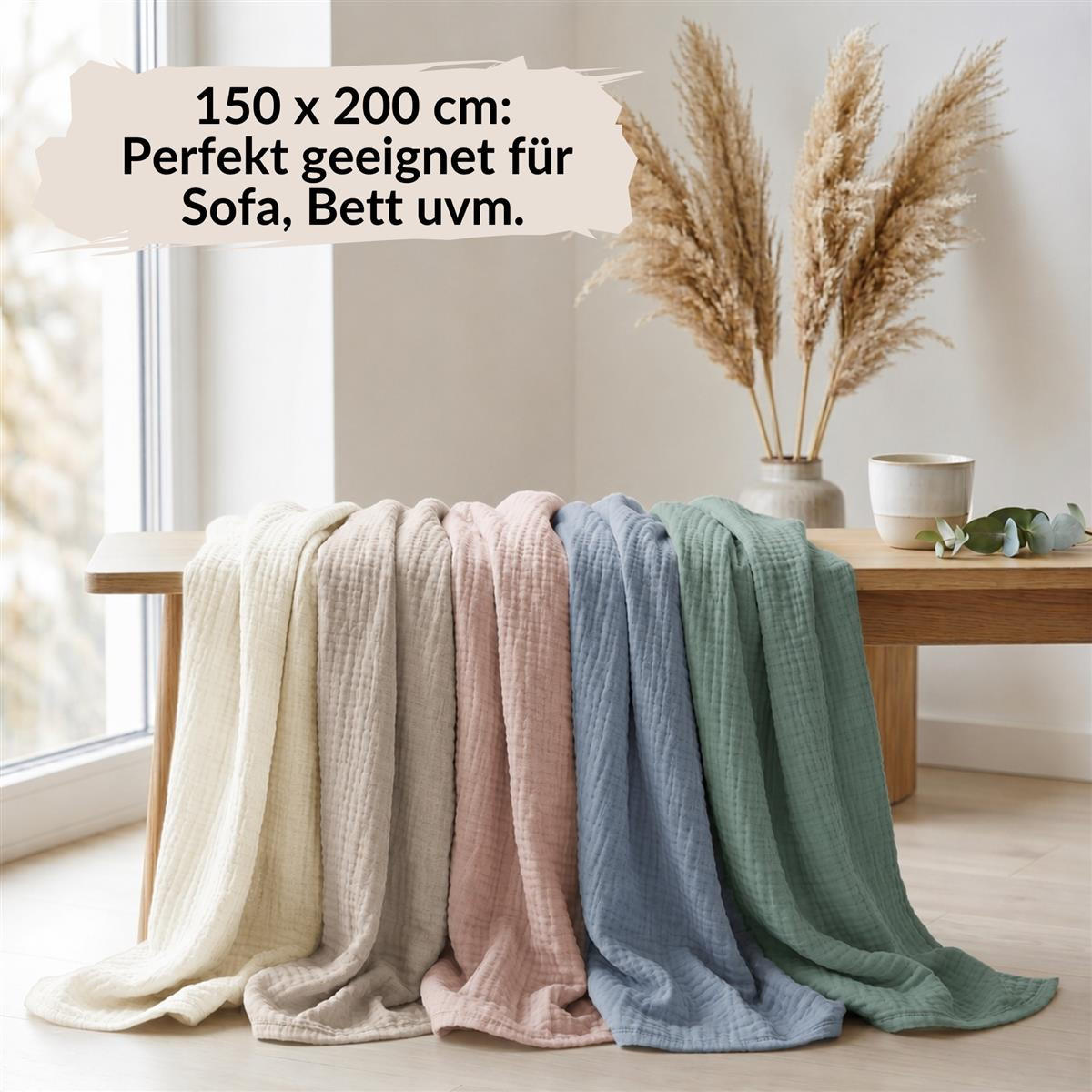 WOHNDECKE Musselin 150 x 200 cm, Leichte Kuscheldecke aus 100% Baumwolle - Nutzbar als Tagesdecke, Plaid oder Decke für Sofa, Couch & Bett - Creme - Creme, Textil (150/200cm) - Carpe Sonno