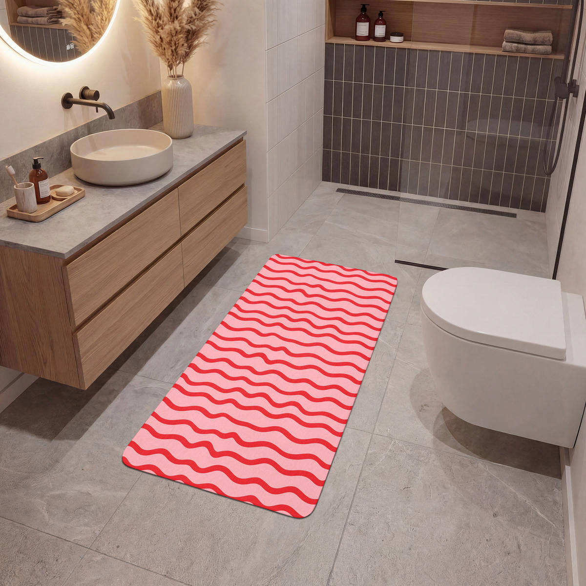 KÚPEĽŇOVÁ PREDLOŽKA Hravé - vzor - červená 60x120 cm - ružová, textil/plast (60/120cm) - OnlyWow