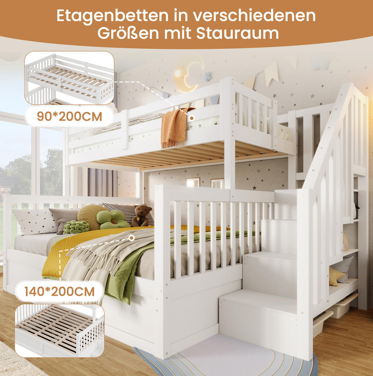 ETAGENBETT 90/200 cm weiß/Natur aus Kiefernholz mit Stauraum - Weiß, Holzwerkstoff (90/200cm) - OKWISH