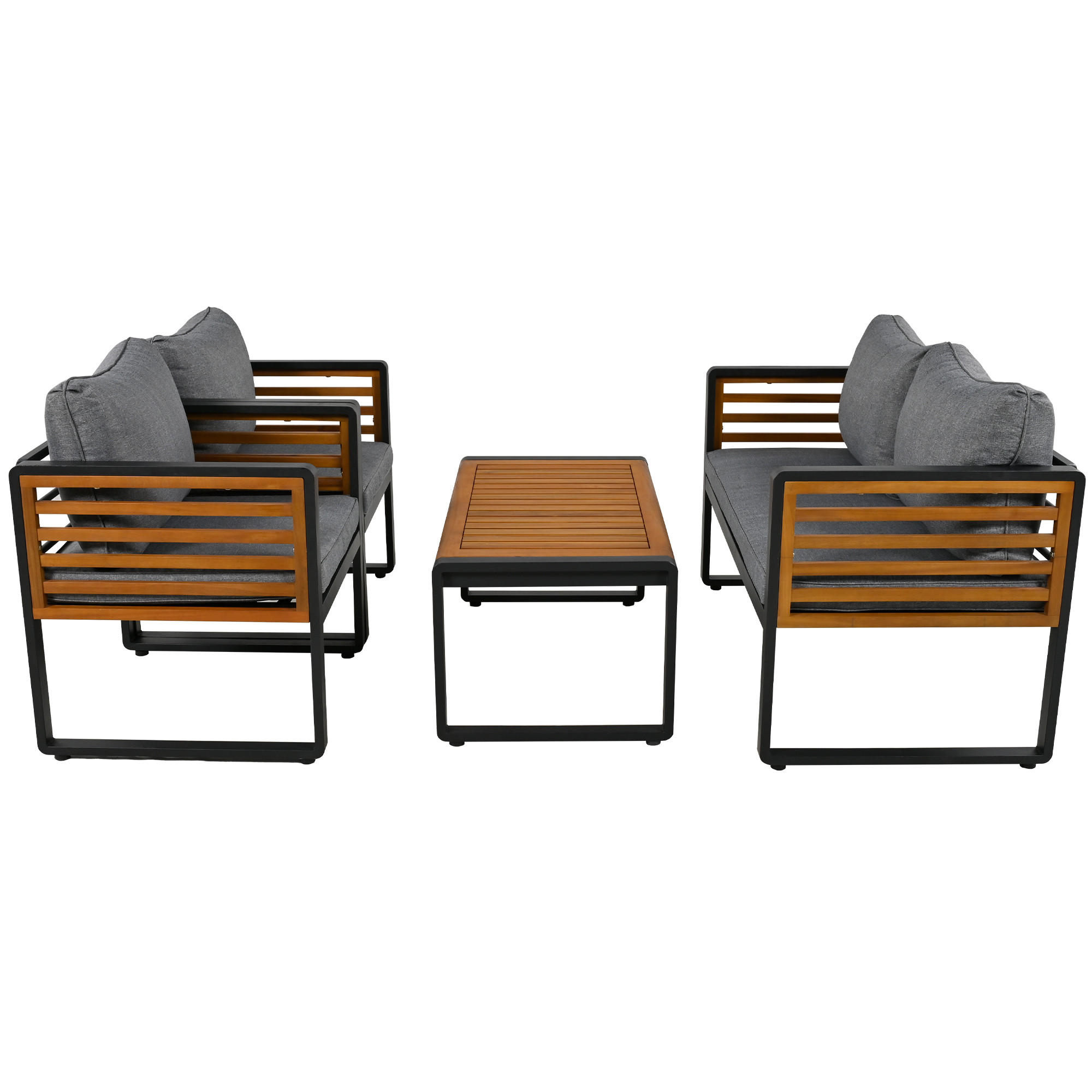 GARTENMÖBEL-SET 115/60/64 cm 4-teilig antikgrau aus Eisen und Akazienholz mit Kissen - Grau, Metall - OKWISH