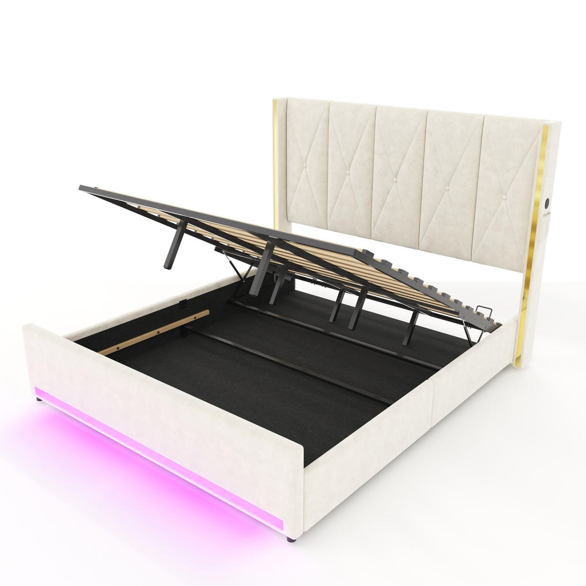 POLSTERBETT 180/200 cm mit LED, USB/Type-C, Seitentaschen und hydraulischem Bettkasten, Beige - Beige, Textil (180/200cm) - Redom